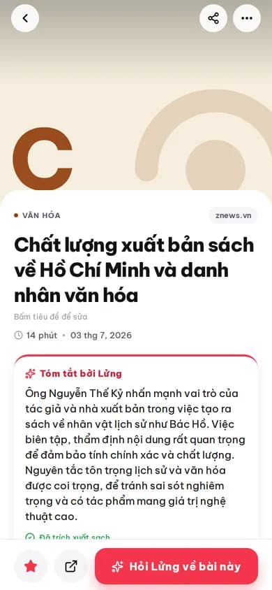 Article detail screen in the LociArc app, showing title, topic, reading time and the automatic summary